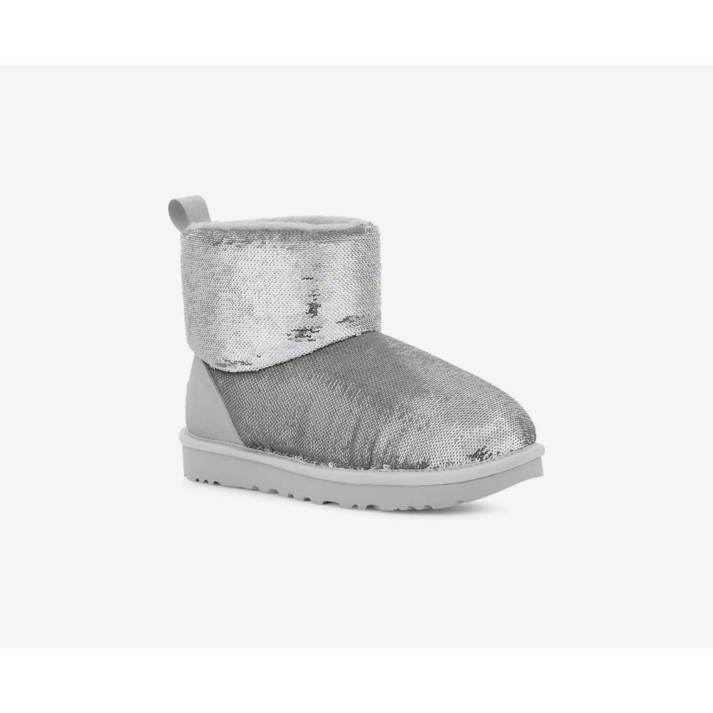 NEW WOMENS SIZE 7 SILVER UGG CLASSIC MINI MIRROR BALL SEQUIN BOOTS 1151291